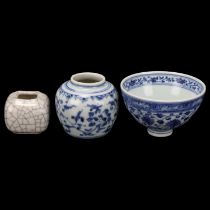 A small Chinese blue and white porcelain vase, height 6.5cm, a blue and white porcelain bowl,