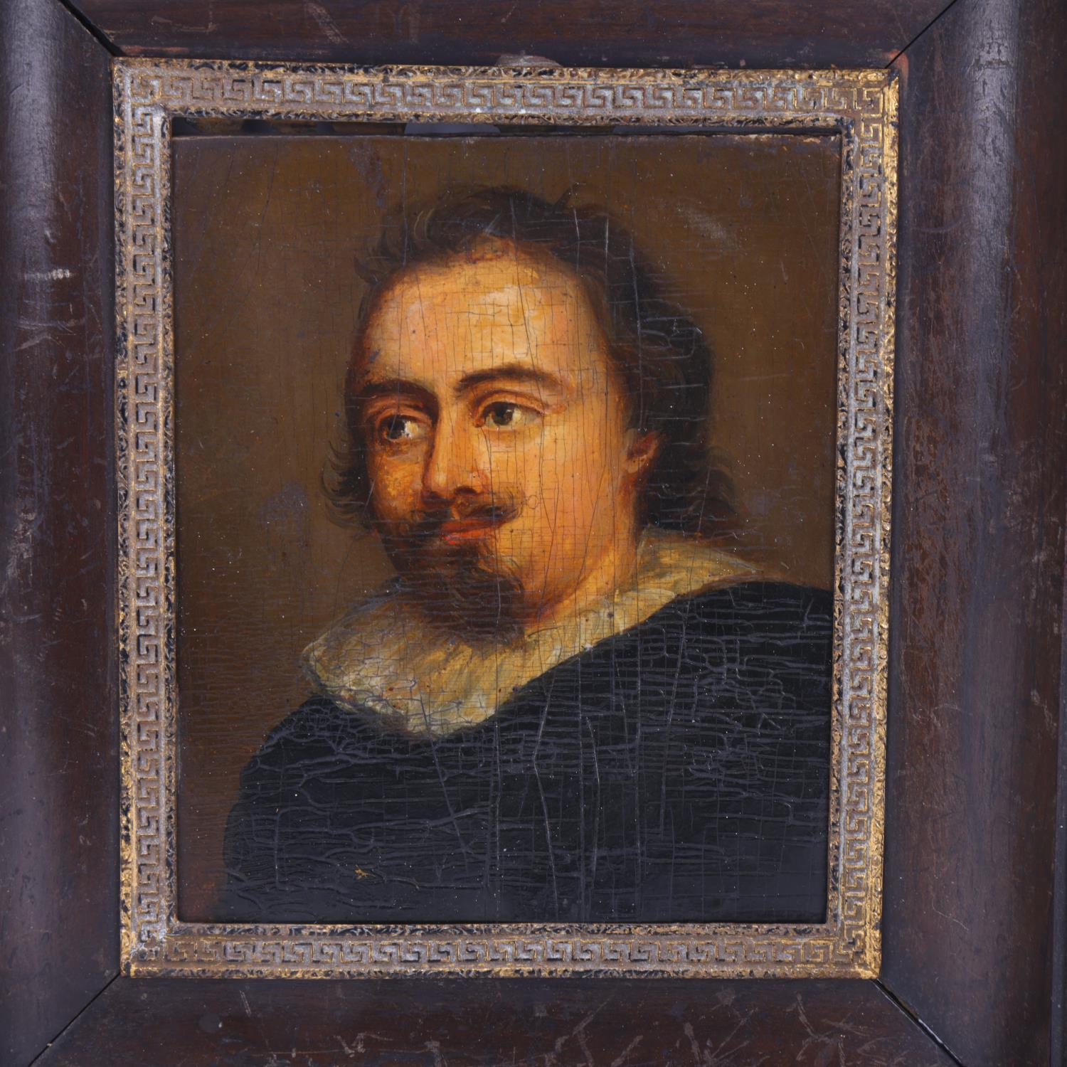 18th century miniature oil on wood panel, portrait of a gentleman wearing a ruff, unsigned, - Image 2 of 3