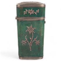 An early 19th century shagreen sewing etui, applied steel pinwork decoration, with unmarked silver