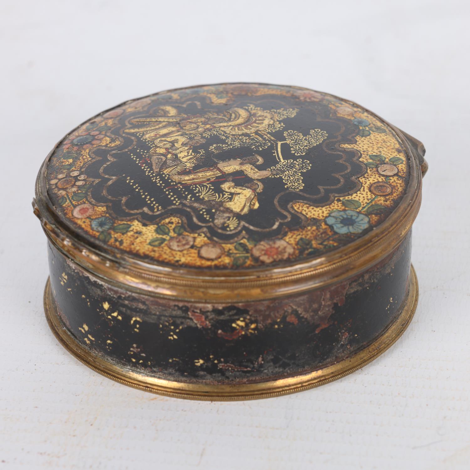 19th century chinoiserie gilded and lacquered box with brass mounts, diameter 8cm Decoration on - Image 2 of 3