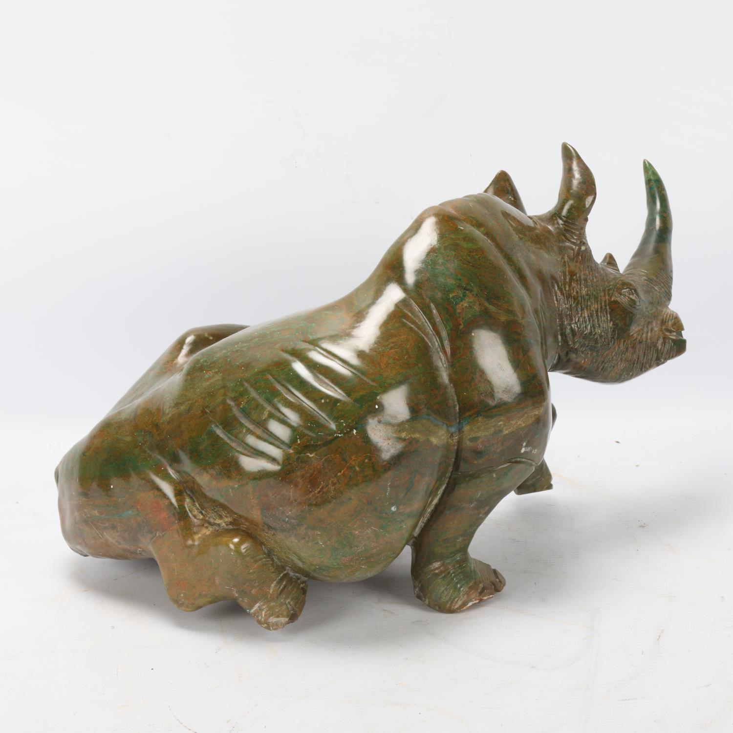 African verdite rhino sculpture, length approx 39cm - Image 2 of 3