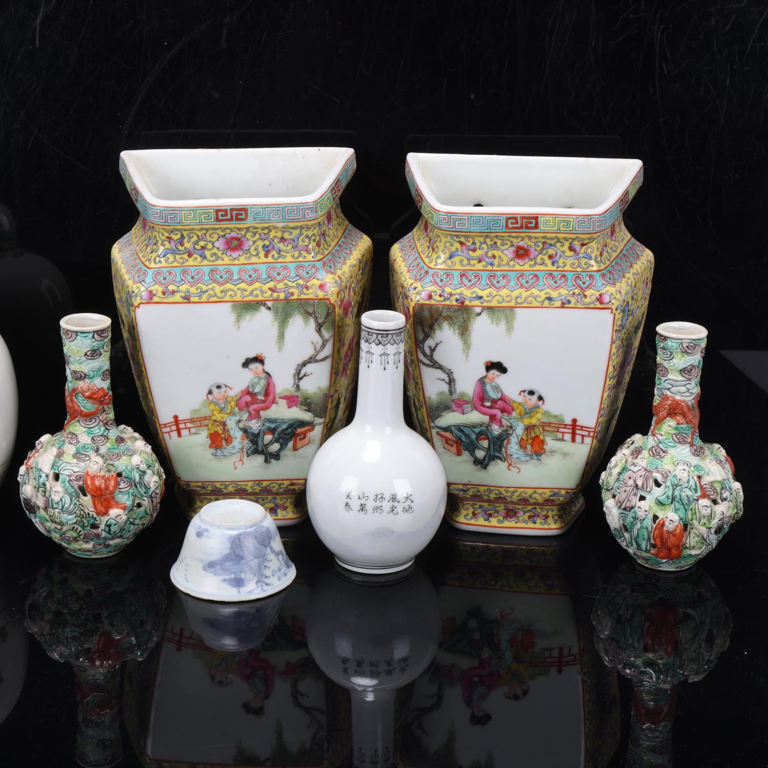 A group of Chinese porcelain items, including a pair of wall vases with painted panels, height - Image 2 of 3