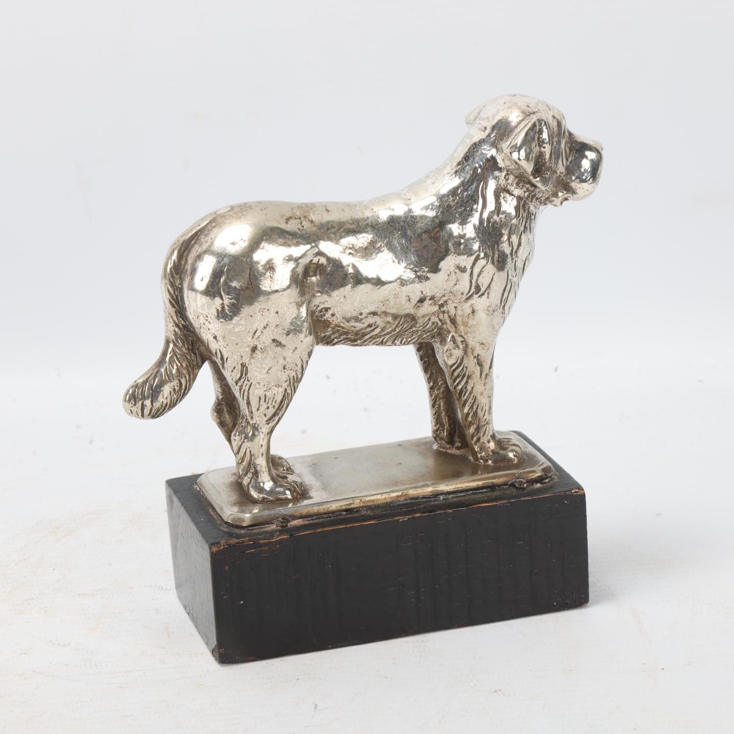 Nickel plate on solid cast bronze sculpture of a dog, early to mid-20th century, unsigned on wood - Image 3 of 3