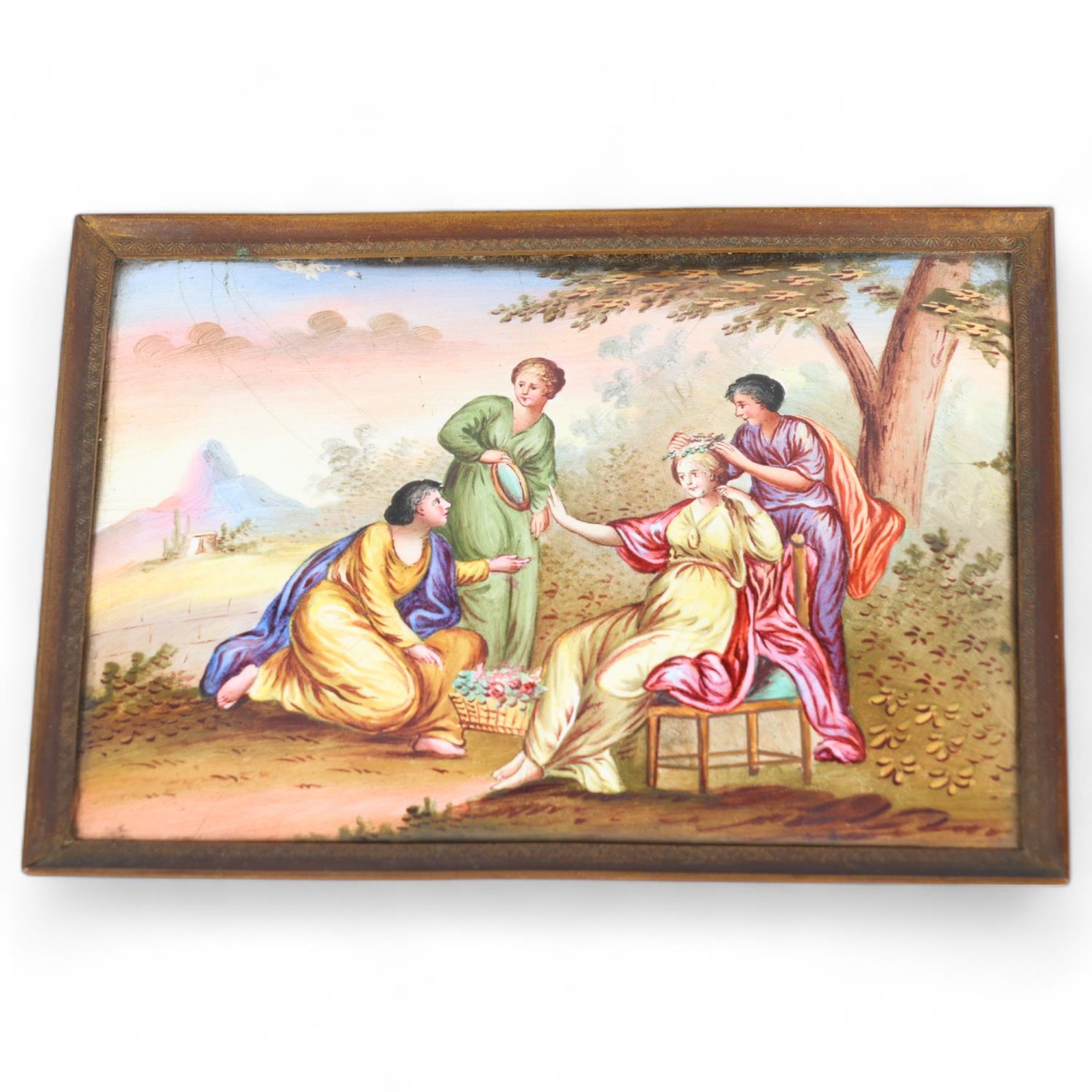 A 19th century convex Limoges enamel plaque depicting 4 figures, brass frame, overall 11cm x 15cm