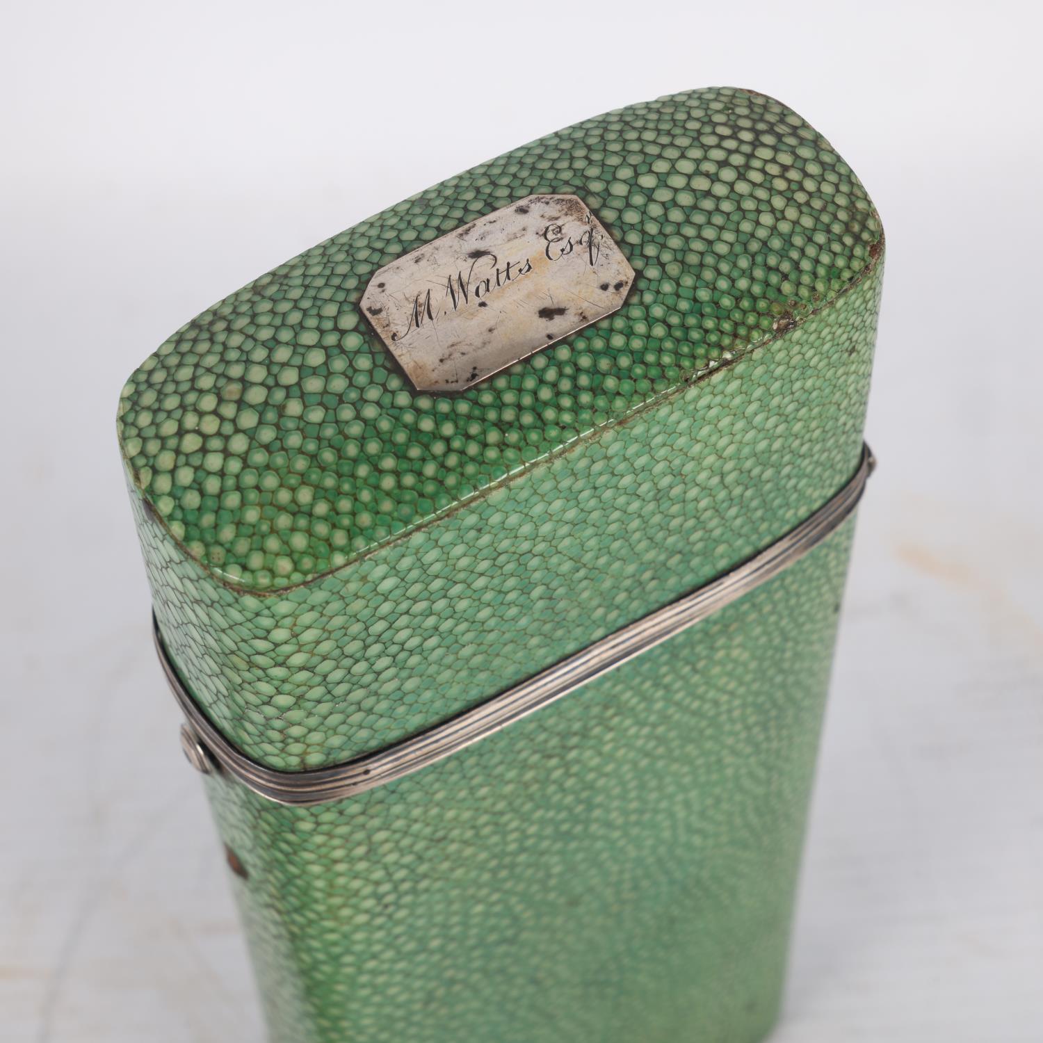 A 19hth century shagreen covered draughtman's case, unmarked silver mounts, containing a few drawing - Image 3 of 3