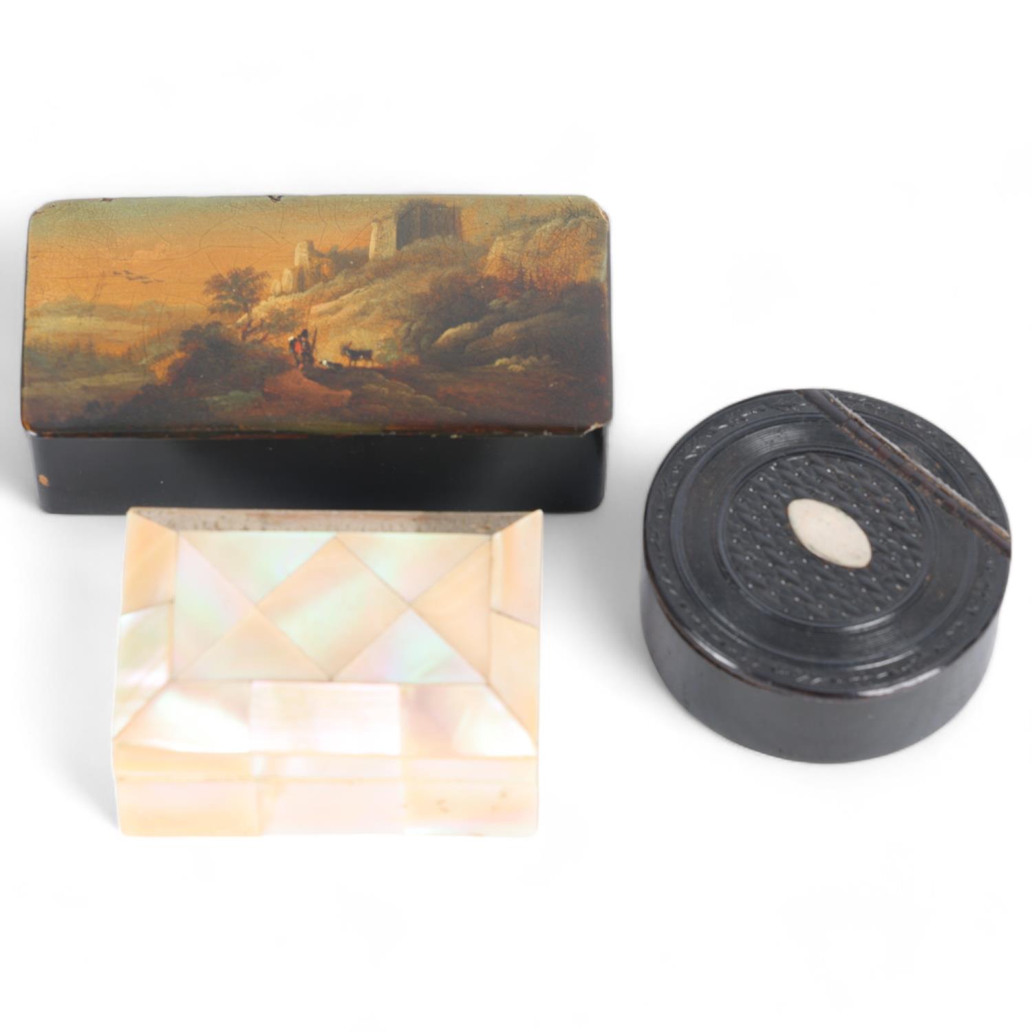 3 x 19th century boxes, including a papier mache snuffbox with painted lid, length 9cm (3)