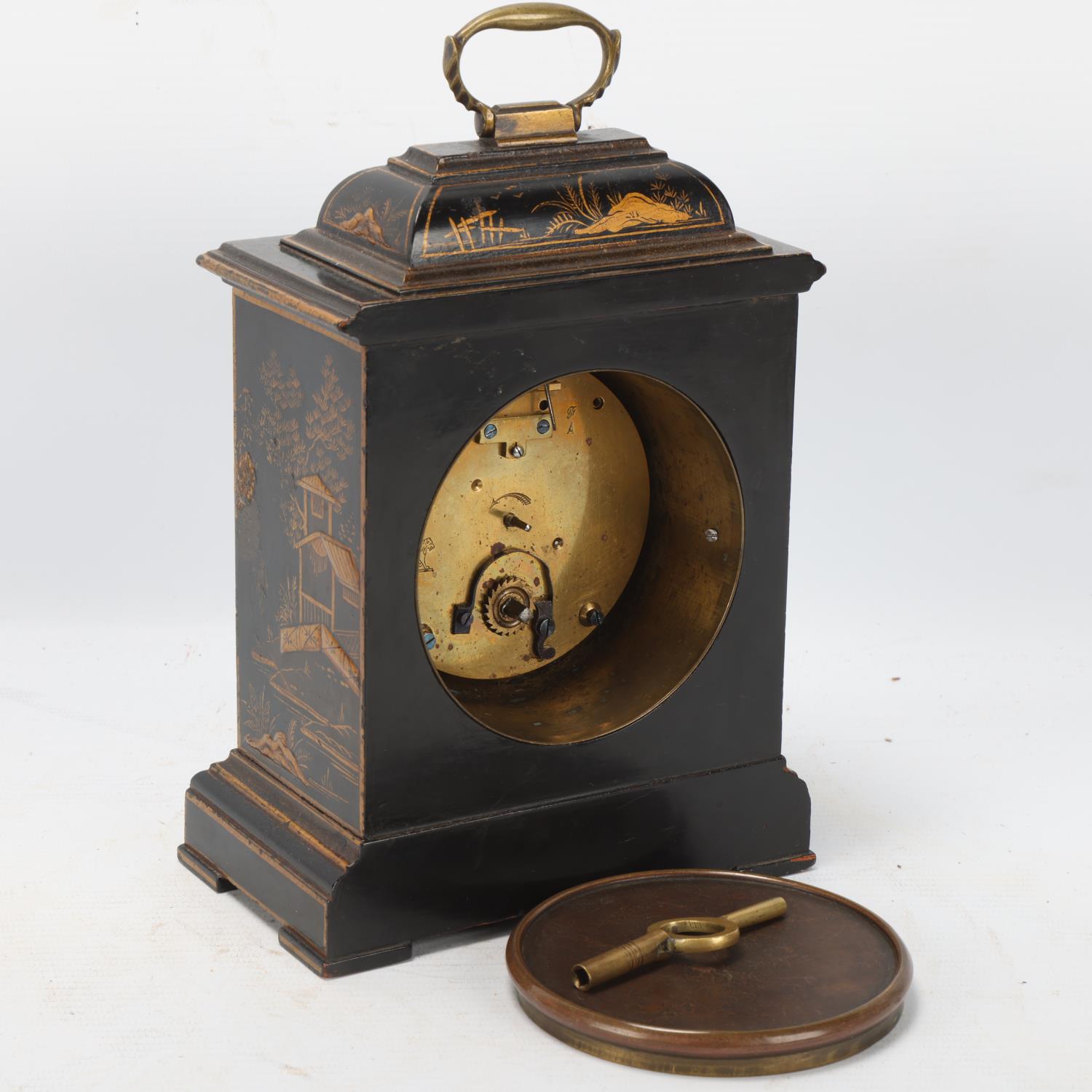 A chinoiserie black lacquer and gilded mantel clock, circa 1900, with enamel dial and 8-day - Image 2 of 3