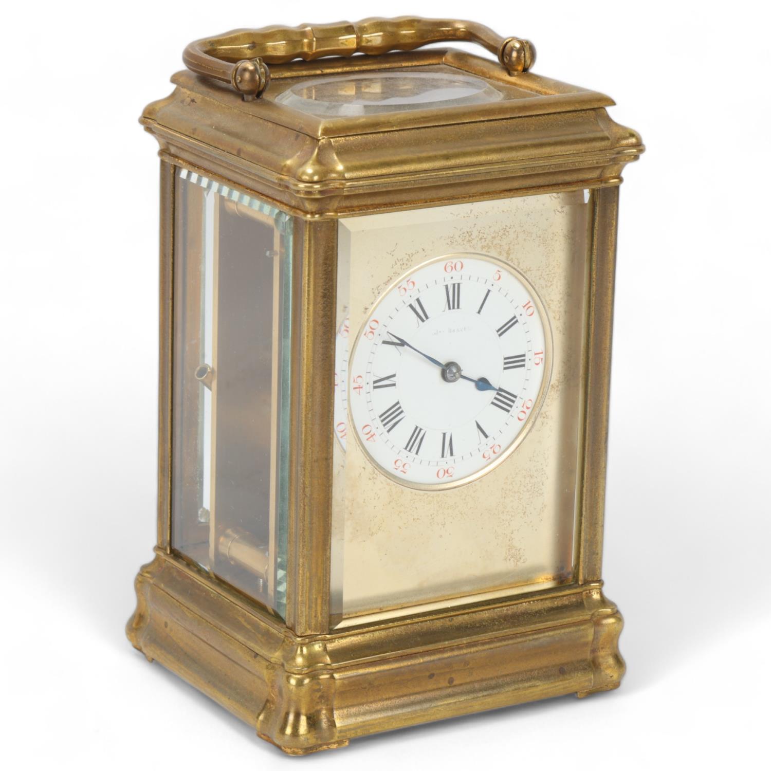 French brass-cased carriage clock, by James Beaven, case height 15cm Brass case lightly tarnished,