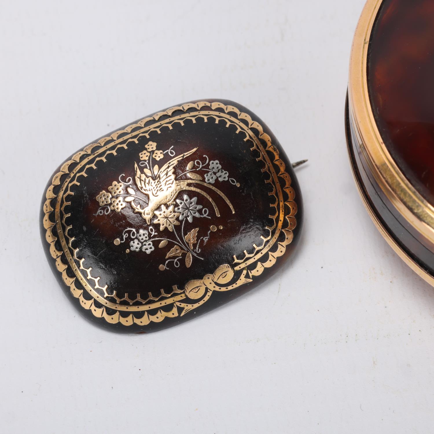 A 19th century circular tortoiseshell box with domed top and bottom, unmarked gilt-metal edges, - Image 2 of 3