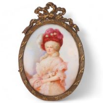 19th century miniature painting on convex porcelain plaque, portrait of a woman, indistinctly