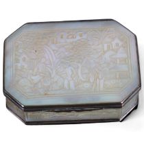 A 19th century Chinese mother-of-pearl and unmarked white metal-mounted box, with engraved