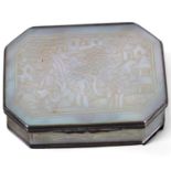 A 19th century Chinese mother-of-pearl and unmarked white metal-mounted box, with engraved