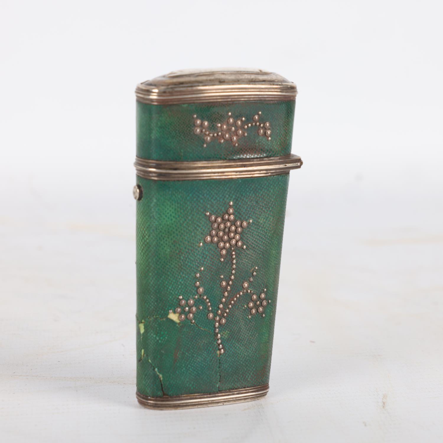 An early 19th century shagreen sewing etui, applied steel pinwork decoration, with unmarked silver - Image 2 of 3