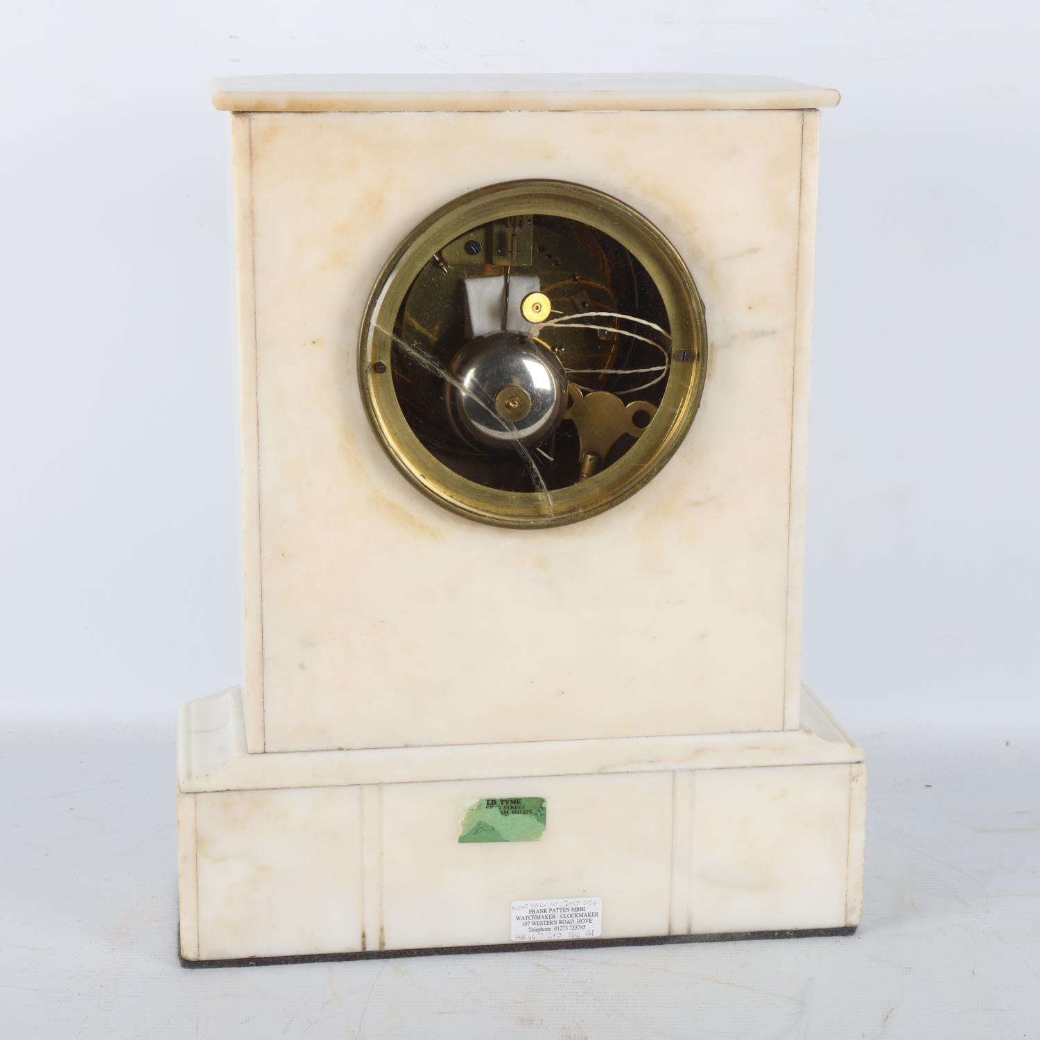 19th century French white marble cased 8-day mantel clock, with brass-mounted enamel dial, signed - Image 3 of 3