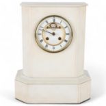 19th century French white marble cased 8-day mantel clock, with brass-mounted enamel dial, signed