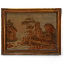 A 19th century woolwork picture, depicting figures beside a castle, gilt-frame, overall 53cm x