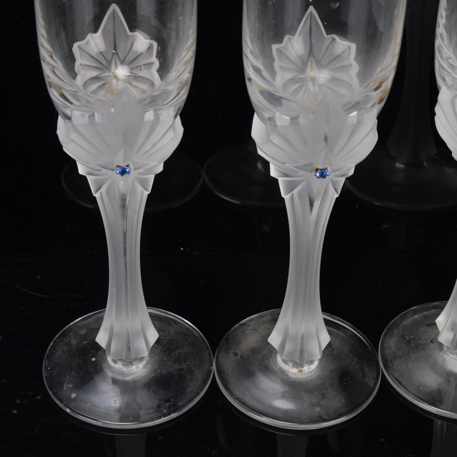 House of Faberge, set of 4 glass champagne flutes with frosted stems, height 25.5cm Good - Image 3 of 3