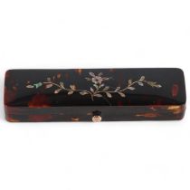19th century tortoiseshell toothpick case, with inlaid mother-of-pearl and gold floral lid, length