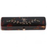 19th century tortoiseshell toothpick case, with inlaid mother-of-pearl and gold floral lid, length