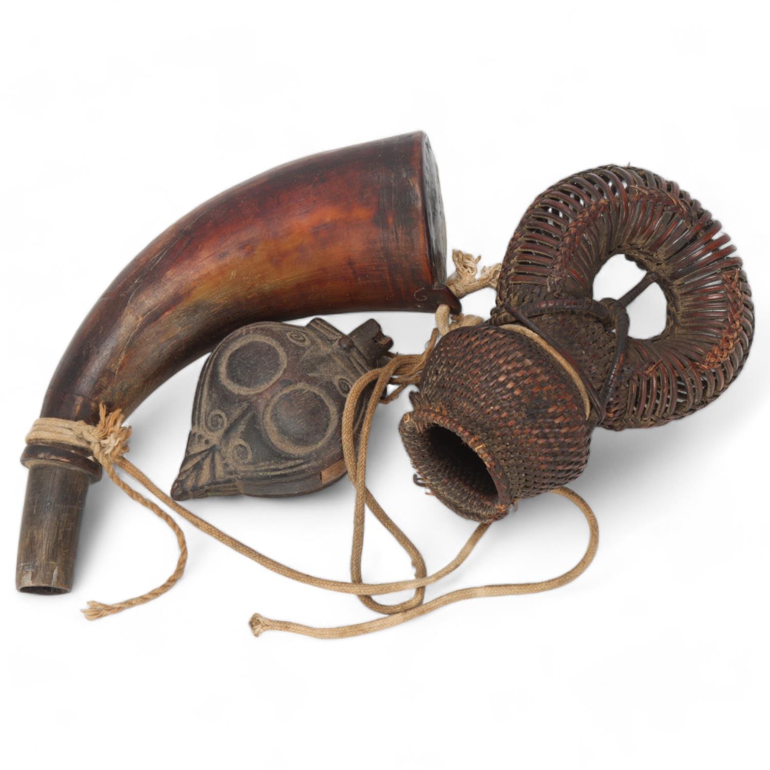 African Tribal powder horn, with finely woven basket and carved wood flask, all mount on a cord