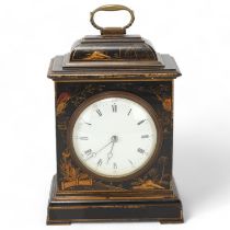 A chinoiserie black lacquer and gilded mantel clock, circa 1900, with enamel dial and 8-day
