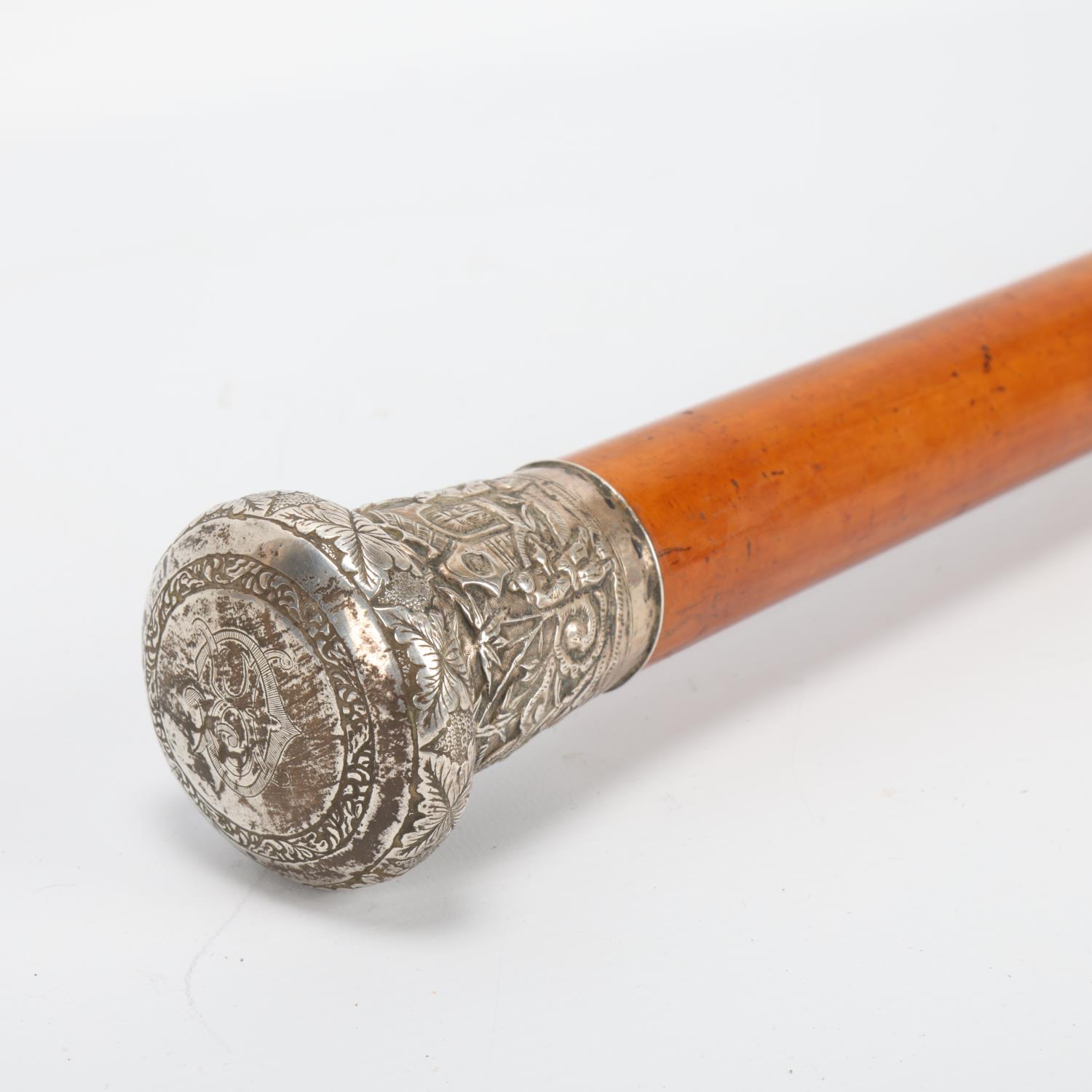 19th century Chinese silver-handled thick Malacca walking cane, relief embossed scenes, no maker's - Image 2 of 3