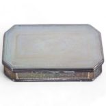 A 19th century Chinese mother-of-pearl and unmarked white metal-mounted box, with engraved
