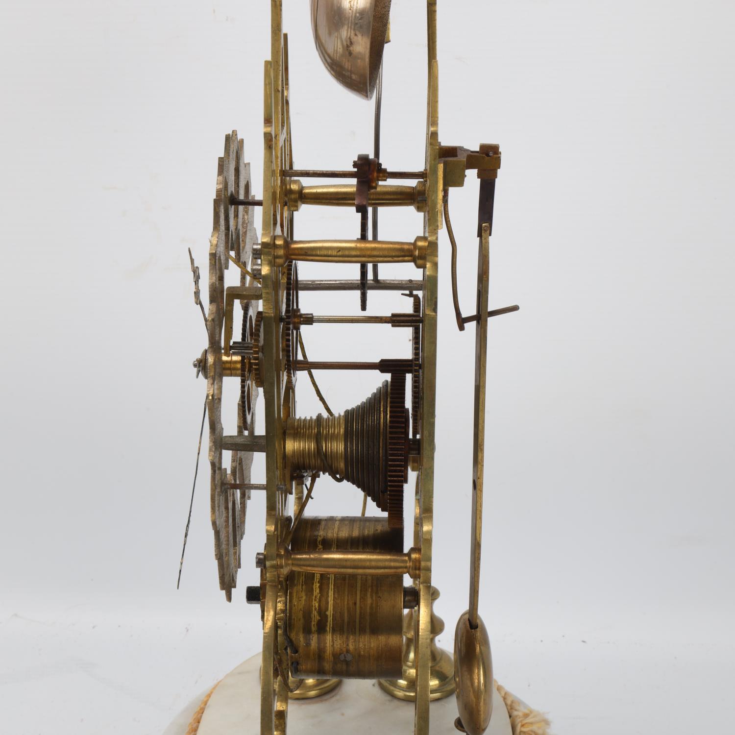 A Victorian brass skeleton clock, single fusee movement, under glass dome on marble base, overall - Image 3 of 3