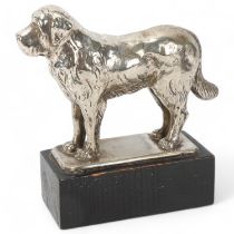 Nickel plate on solid cast bronze sculpture of a dog, early to mid-20th century, unsigned on wood