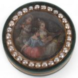 A 19th century French circular green stone box, the lid having an inset painted panel depicting 3