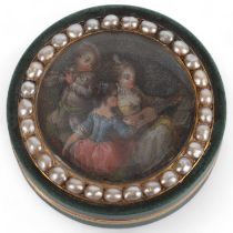 A 19th century French circular green stone box, the lid having an inset painted panel depicting 3