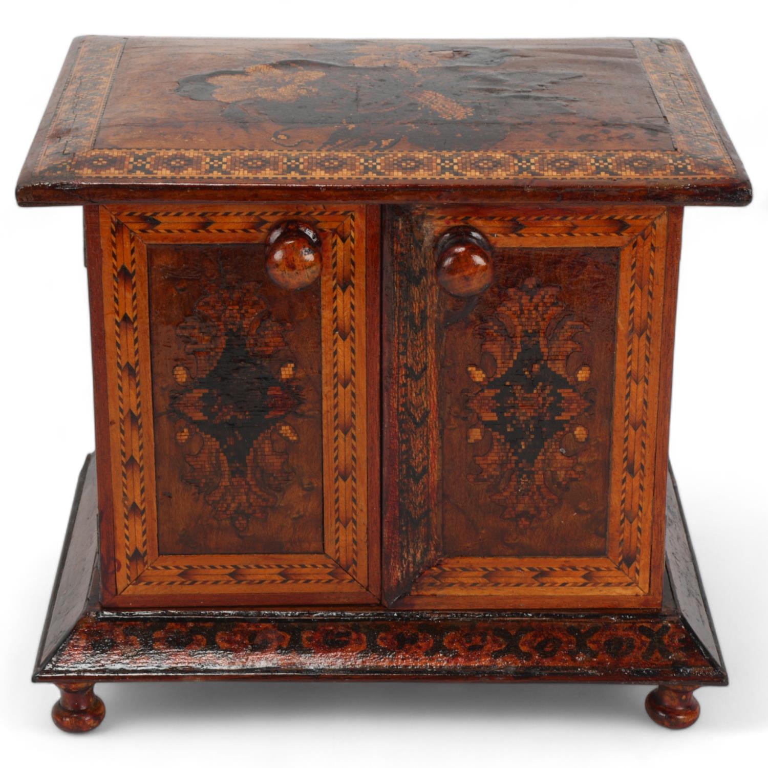 Tunbridge Ware, 19th century maple and micro-mosaic table cabinet, floral parquetry top with 2 doors