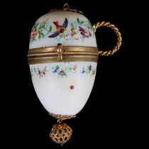 Miniature 19th century opaque glass egg-shaped pendant box, with painted birds and flowers, and
