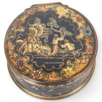 19th century chinoiserie gilded and lacquered box with brass mounts, diameter 8cm Decoration on