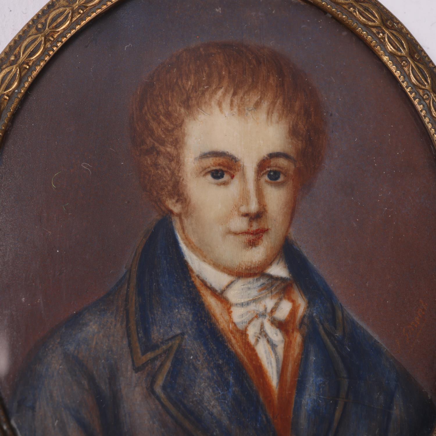 19th century miniature watercolour on card, portrait of a gentleman, unsigned, brass frame, height - Image 2 of 3