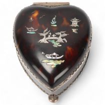 Edward VII tortoiseshell and silver-mounted heart-shaped box, with mother-of-pearl inlaid lid,