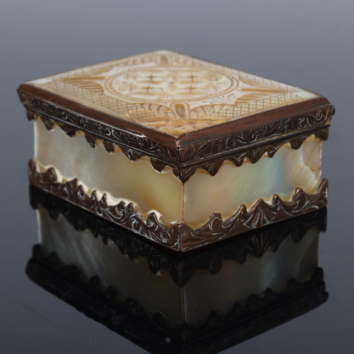 19th century mother-of-pearl and brass-mounted box, with carved lid, length 7.5cm Lid has an area of - Image 2 of 3