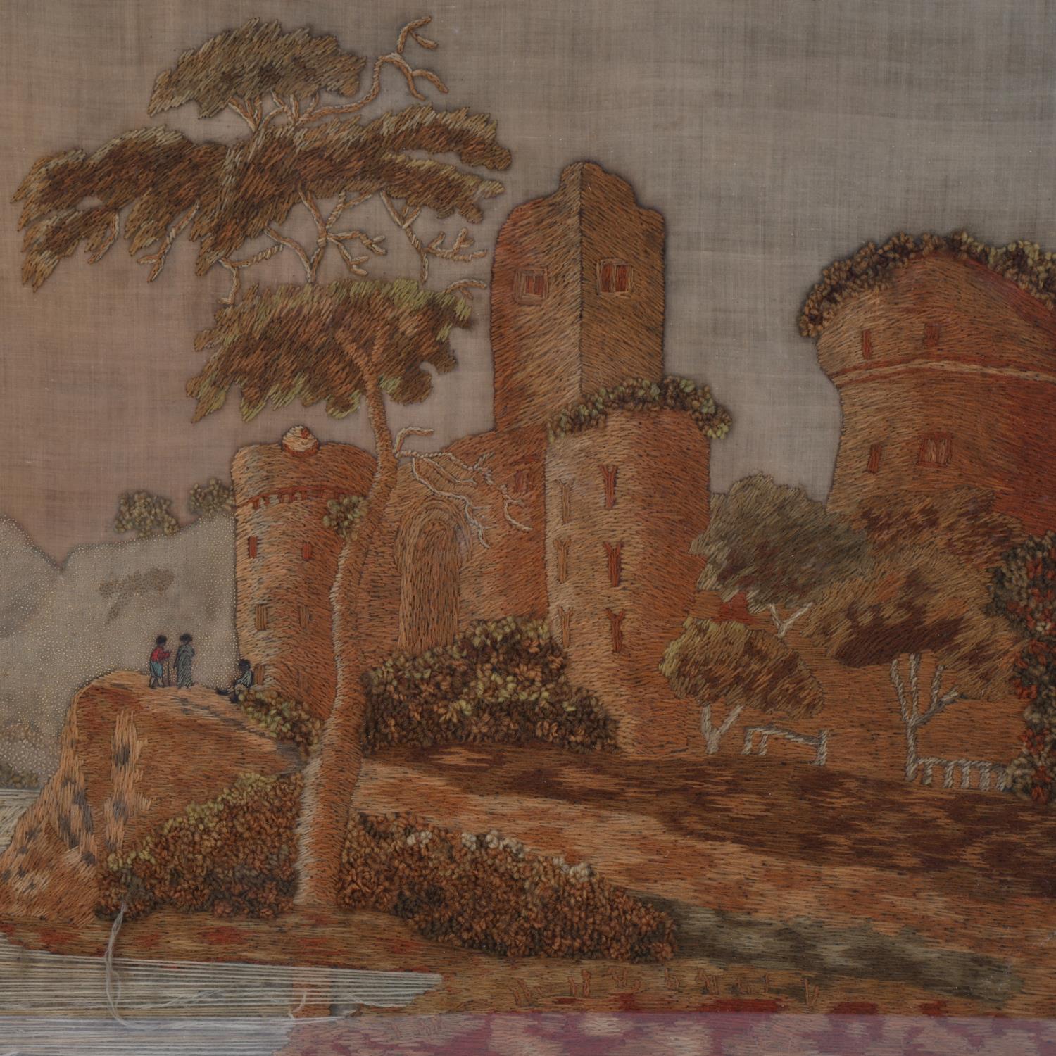 A 19th century woolwork picture, depicting figures beside a castle, gilt-frame, overall 53cm x - Image 2 of 3