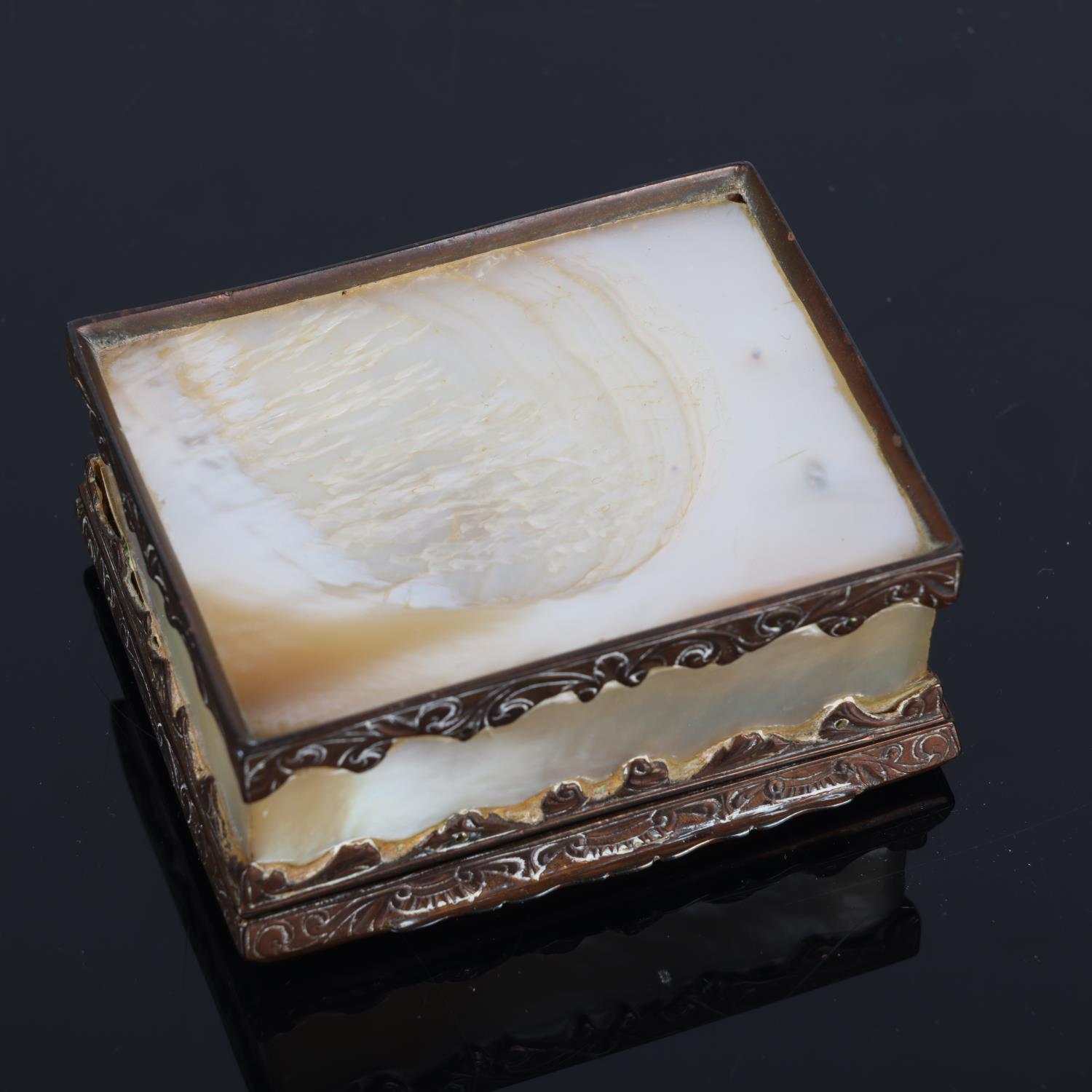 19th century mother-of-pearl and brass-mounted box, with carved lid, length 7.5cm Lid has an area of - Image 3 of 3