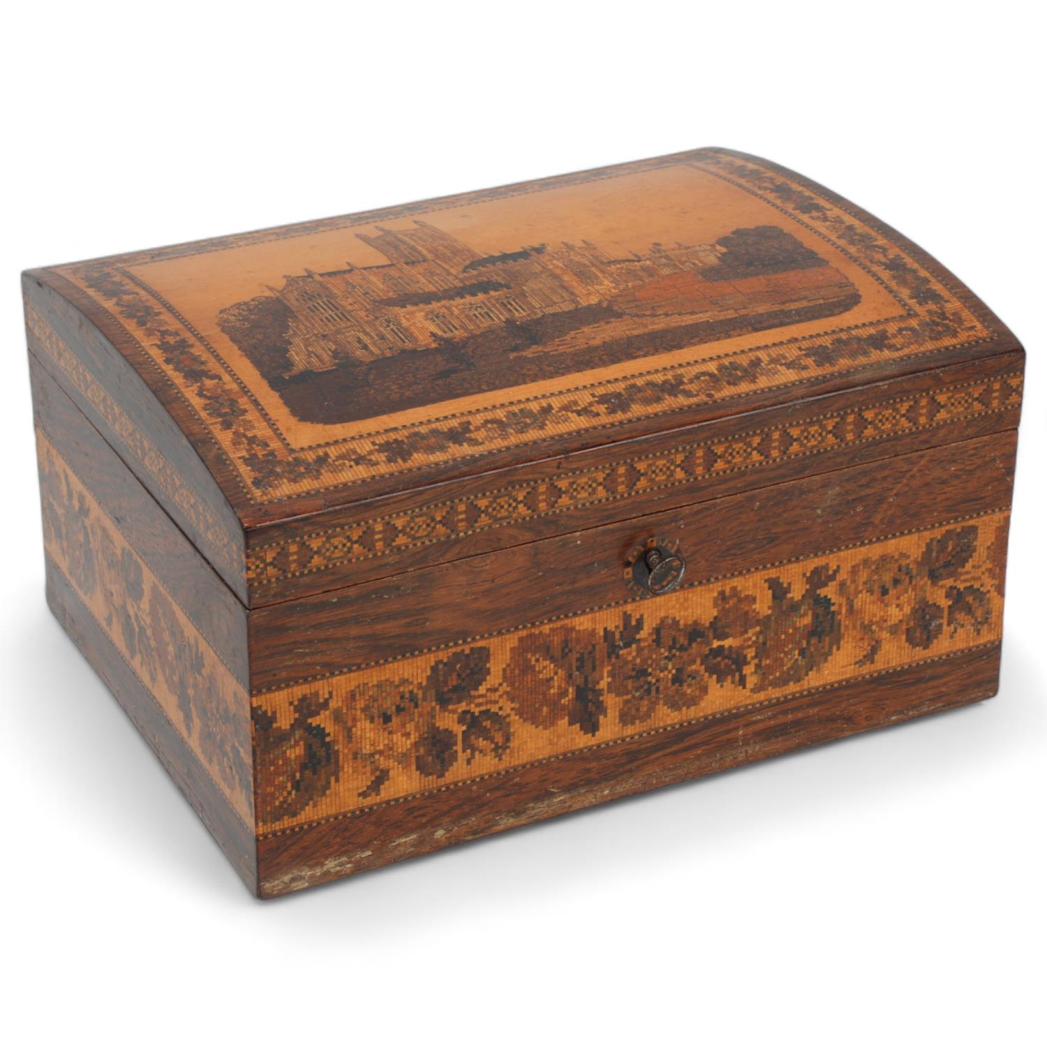 Tunbridge Ware, 19th century rosewood and micro-mosaic dome-top stationery box, pictorial lid