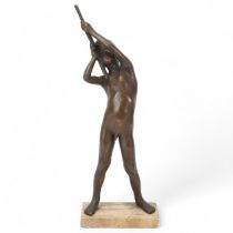 Patinated bronze sculpture, boy with a toy rifle, mid-20th century, unsigned, marble base, height
