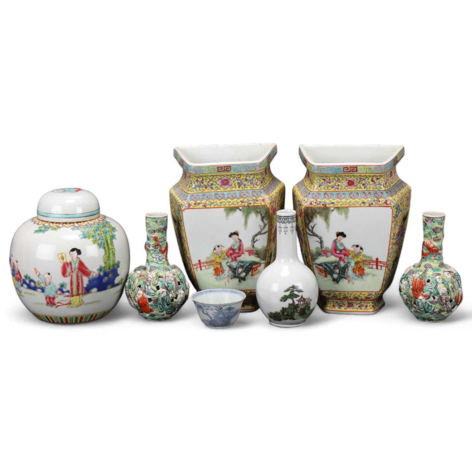 A group of Chinese porcelain items, including a pair of wall vases with painted panels, height