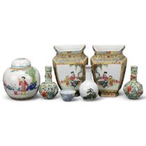 A group of Chinese porcelain items, including a pair of wall vases with painted panels, height