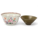 An Antique Chinese export enamelled tea bowl, together with a green glazed tea bowl, largest