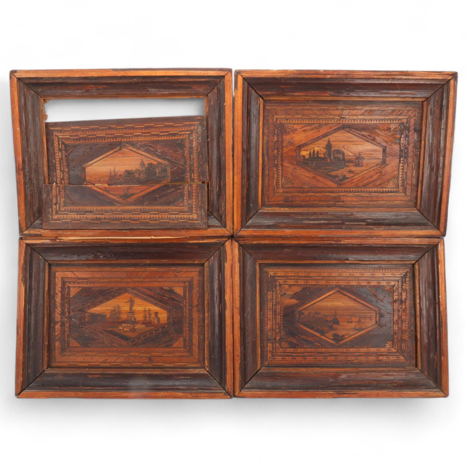 A set of 4 x 19th century Napoleonic prisoner of war straw-work marquetry pictures depicting harbour