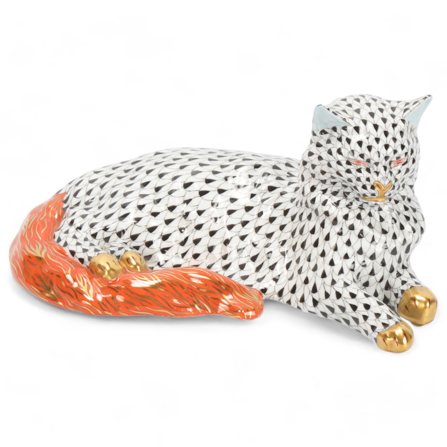Herend Porcelain, large hand painted and gilded reclining cat, length 22cm Perfect condition