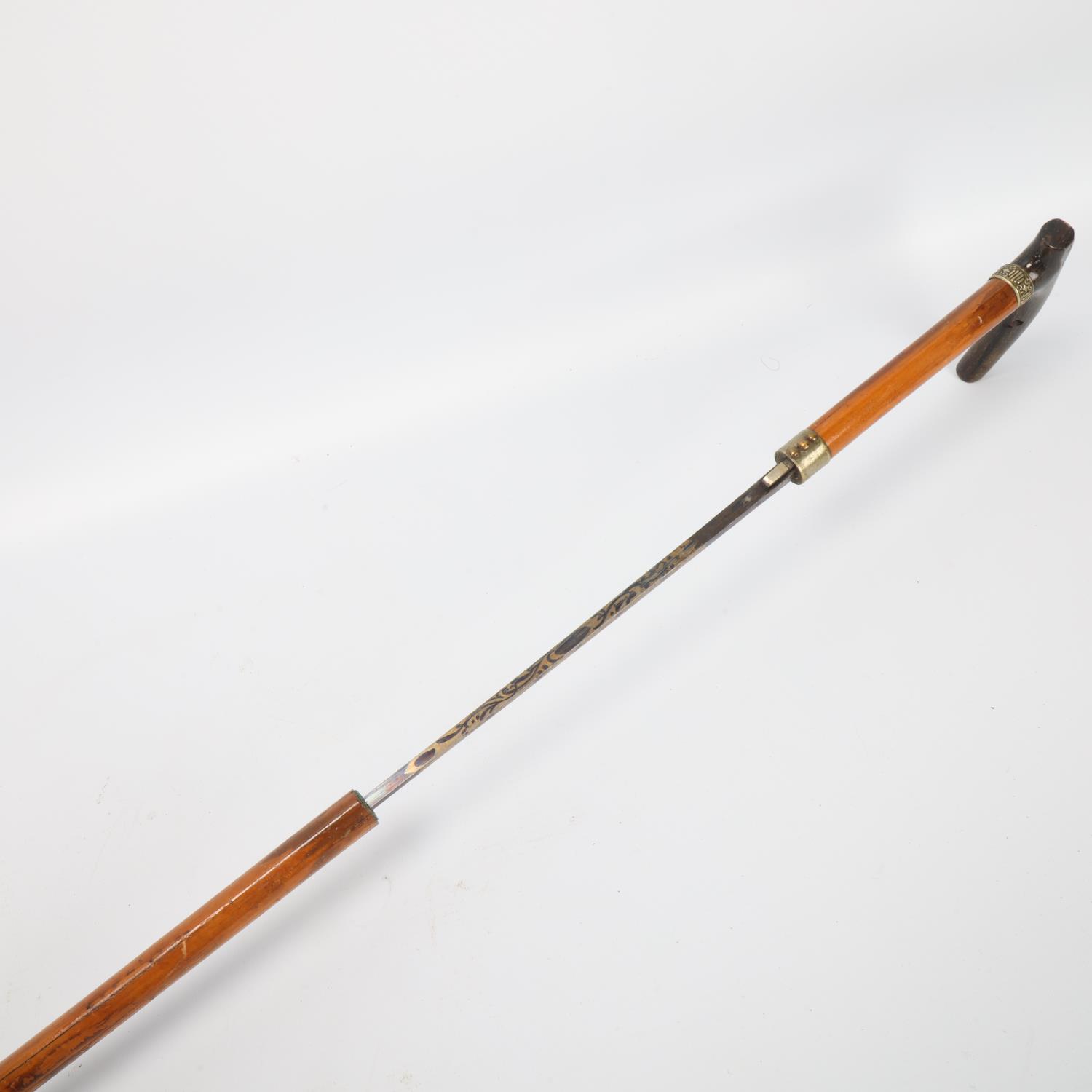 19th century horn-handled sword stick, Damascene square section blade, blade length 70cm Good - Image 3 of 3