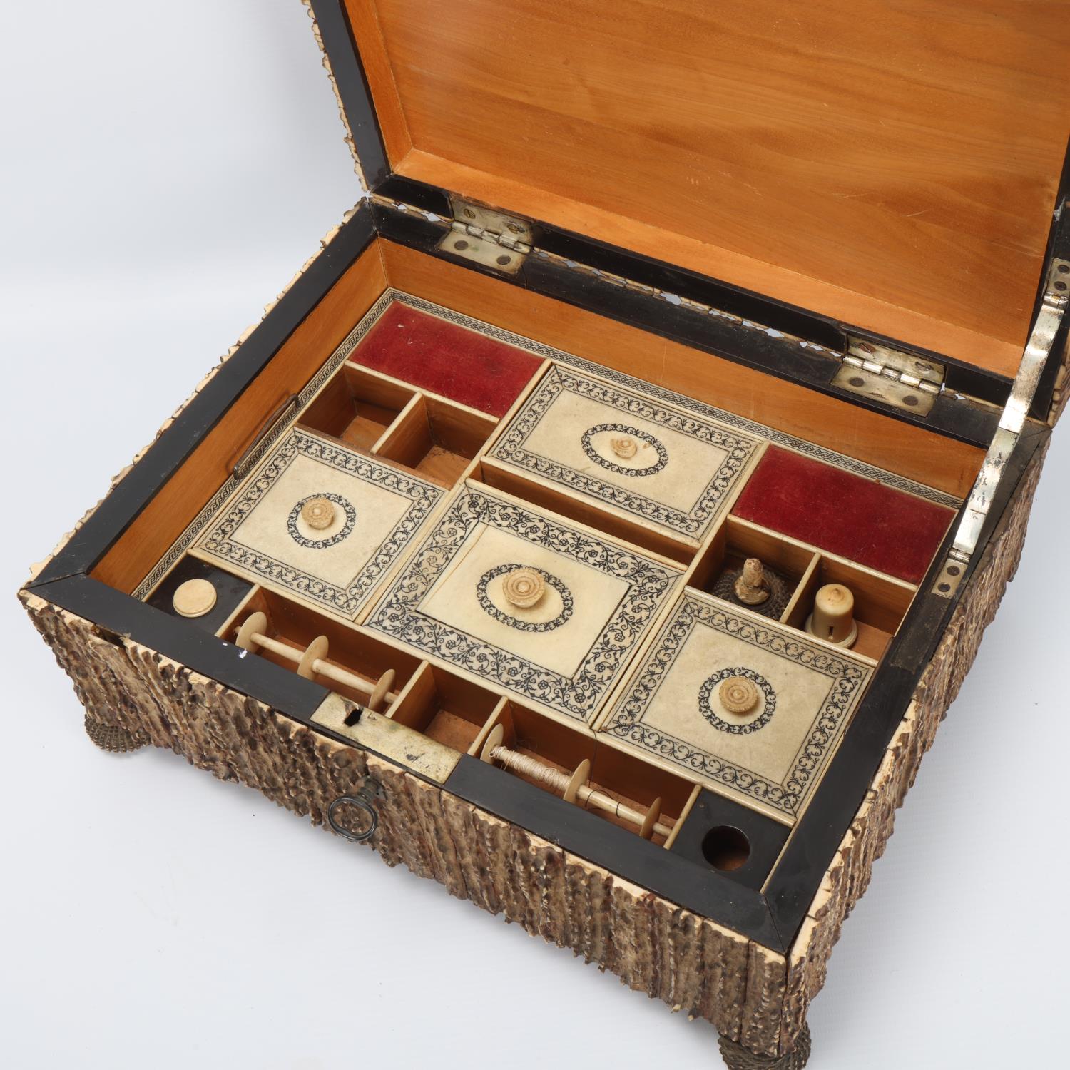 A 19th century staghorn sewing box, original tray-fitted interior with original engraved lids, - Image 3 of 3