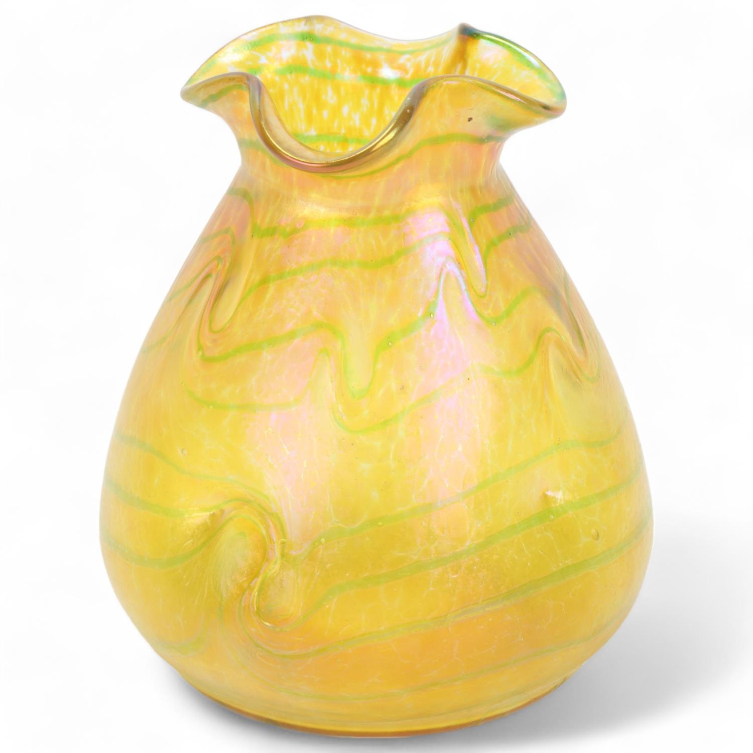 **DESCRIPTION CHANGE** *Fritz Heckert* Art Nouveau iridescent glass vase with trailed and dimpled de