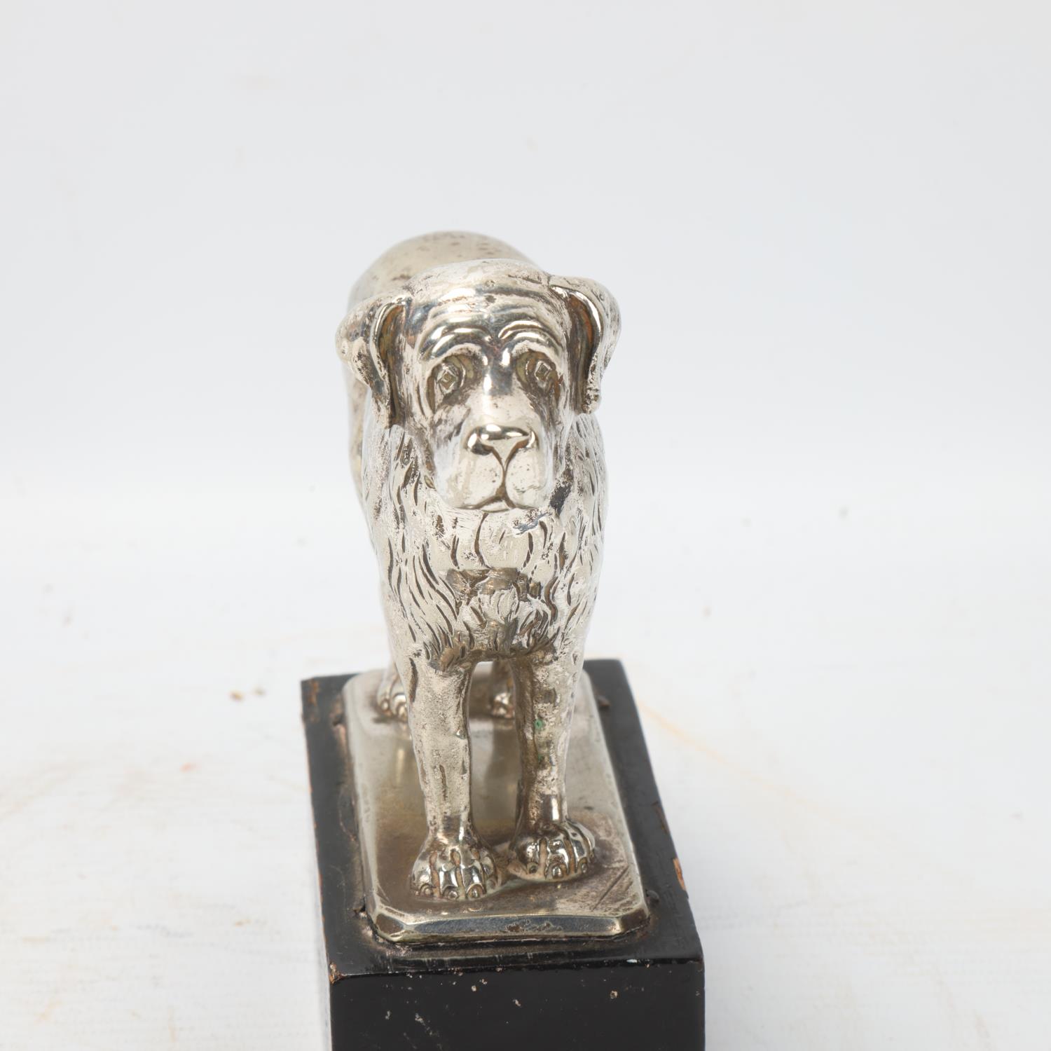 Nickel plate on solid cast bronze sculpture of a dog, early to mid-20th century, unsigned on wood - Image 2 of 3